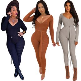 Women Fashion Open Back Sexy Low Cut V-neck Jumpsuit With Belt Long Sleeve Jumpsuit