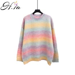 H.SA Autumn Winter Women Rainbow Sweater and Pullovers Oneck Long Loose Style Striped Korean Jumpers Candy Colour Oversized Pull 201111