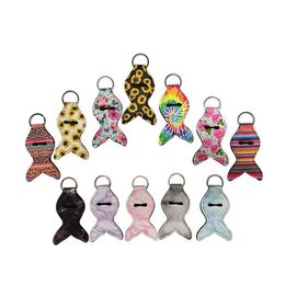 Neoprene Chapstick Holder Keychains Mermaid Shape Sunflower Tie dye Marble Printed Lipstick Lip Balm Holder Keychains Chapstick Keyring