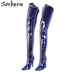 Sorbern Metallic Blue Pointed Toe 12Cm Heeled Boots For Women Ladies Shoes Size 12 Extreme High Heels Custom Colours Lace-Up Shoes