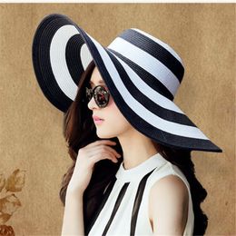 Summer Female Sun Hats Visor Hat Big Brim Classic Black White Striped Straw Hat Casual Outdoor Beach Cap For Women UV Protection Y200602