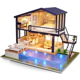 CUTEBEE DIY House Wooden Doll Houses Miniature Dollhouse Furniture Kit with LED Toys for Children Christmas Gift A66 201217