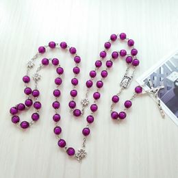 Catholic Pray Jewelry Purple Acrylic Long Necklace Cross Rosary