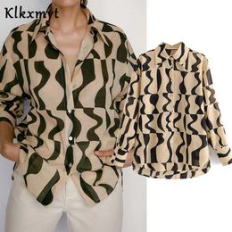 Klkxmyt za blouse women england high street vintage geometry print blusas mujer de moda simple shirt womens tops and blouse 201125