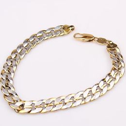 2-Tone 18k Yellow White Gold Filled Hammered Chain Curb Bracelet