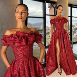 Aso Ebi Arabic Evening Wear Dark Sequined Lace Split Party Gowns Prom Dresses Off The Shoulder Red Carpet Celebrity Dress 403