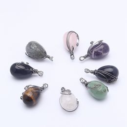 Hand Woven Natural Gemstone Egg Shaped Creative Pendant Fashion Charm Men Women Stone Necklace Amethyst Rose Quartz Reiki Healing Crystal Jewellery