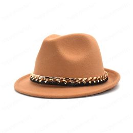 New Autumn Winter Wool Fedoras Hats Women Chain Wide Brim Panama Jazz Hat Men British Vintage Cowboy Hat