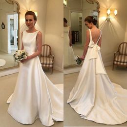 Simple A Line Satin Wedding Dresses 2021 Backless Chapel Train Bow Back Country Bride Gown With Bow