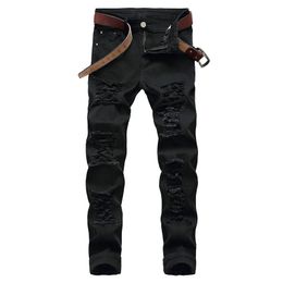 Mens White Black Distressed Holes Skinny Jeans Full Length Denim Pants Street Style Trousers Wholesale RFVG