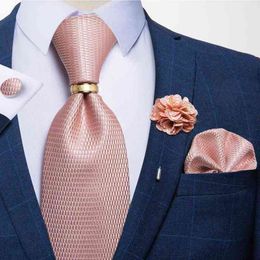 New 100% Silk Men Tie Set Pink Solid Business Wedding Tie Handkerchief Cufflinks Ring Set 8cm Men Necktie Neckwear DiBanGu Y1229