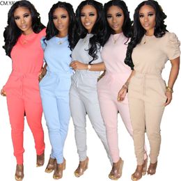 CM.YAYA Sport Solid Women two piece set Tracksuits Puff Short Sleeve Pencil jogger sweatpants Suit Outfits Matching Set T200826