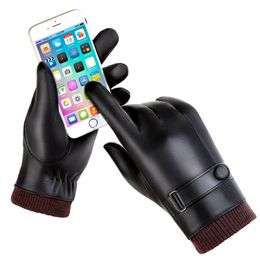 Men sheepskin touch screen gloves PU leather glove for men winter Outdoor warm fur thickening thermal patchwork rekawiczki