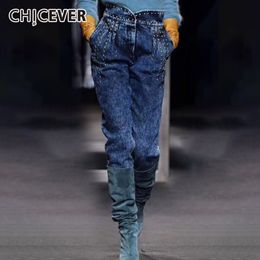 CHICEVER Rivet Jeans Trousers For Women Ruffle High Waist Large Sizes Denim PantsFemale Streetwear Fashion Autumn Tide 201030