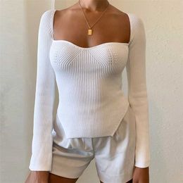 Coleira quadrada manga comprida mulher suéter feito malha pulôver mulheres primavera outono suéter inverno tops para mulheres black branco jumper 211221