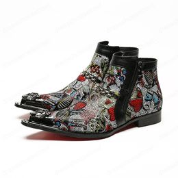 Winter Printing Men Shoes Genuine Leather Boots New Fashion Metal Toe Boots Plus Size Ankle Crystal Chain Boots