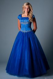 Royal Blue Ball Gown Long Modest Prom Dresses With Cap Sleeves Square Beaded Crystals Puffy Floor Length Girls Teens Prom Party Dresses