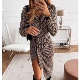 Women Leopard Print Irregular Dress Autumn Long Sleeve Lace Up Bodycon Dress Turtleneck Female Winter Sexy Club Party Vestidos Y0118