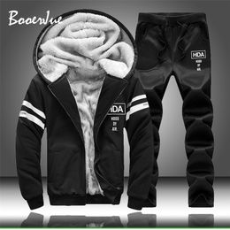 Tracksuit Men Fleece Hoodies Set Warm Sweatshirt Print Jogging Homme Thick Hoodie+Pants Sportswear Tracksuit Top and Pants 201201