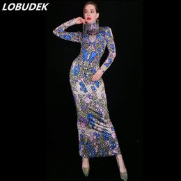 New Vintage Fashion Birthday Party Crystals Dresses Women Singer Host Stage Costume Multi-color Flowers Rhinestones Long Sleeve Skinny Dress