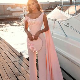 New Chic Pink Evening Dresses Jumpsuits One Shoulder Sequins Feather Mermaid Party Gown vestidos Prom Dress