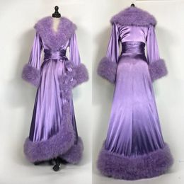 Purple Bathrobe Evening Dresses Feather Elastic Silk Nightgown Pyjamas Sleepwear Lingerie Women's Occasions Gowns Housecoat Shawl