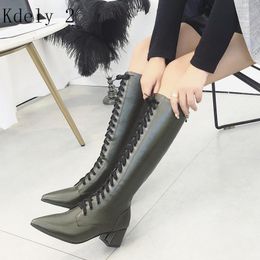 Boots Designer Womens Square Low Heel Riding Motorcycle Knee High Punk Gothic Platform Lace Up Shoes Pointed Boots1