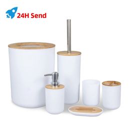 6Pcs Bamboo Bathroom Accessories Sets Toothbrush Holder Soap Dispenser Toilet Brush Set Decoration 211222