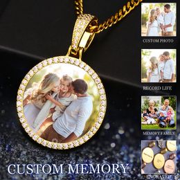 Round Custom Photo Pendant Necklace Men Hip Hop Jewellery Personalised Custom Name Engraved Pendant Zircon Chains Gift