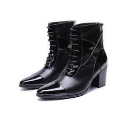 Genuine Leather high heel zip lace-up lankle boots fashion black Glossy oxford pointed toe Martin boots big size