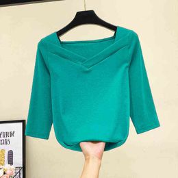 Vintage T Shirt Woman Black Solid Color Half Sleeve T Shirt Femme Square Collar Ladies Top Casual G220228