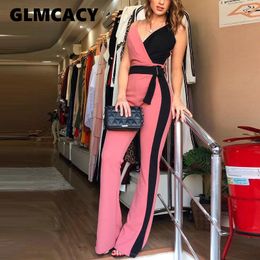 Women Summer Casual Color Block Jumpsuits Spaghetti Strap Sexy V Neck Belted Jumpsuit Overalls Elegant Chic Streetwear T200107