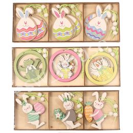 9Pcs/box Easter Party Favours Wooden Rabbit Chick Eggs Pendants with Hanging Rope Easter Home Decoration