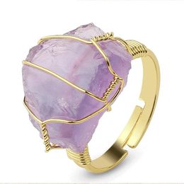 Natural Stone Irregular Wire Wrap Women Rings Healing Purple Druzy Crystal Fluorite Gold-color Resizable Fashion Finger Ring