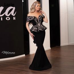 LORIE 2020 Arabic Black Evening Dresses Mermaid Off the Shoulder V-neck Lace Prom Dresses Cheap Pageant Gowns with Back Lacing LJ201120