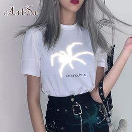 ArtSu Fashion Cotton Spider Print Reflective T-shirt 2020 Summer Women Short Sleeve Harajuku Tshirt Female Streetwear ASTS21503 T200525