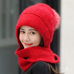 Women Wool Hats Together With Scarf Female Ear Protector Knit Skullies Beanies Hat Winter Warm Caps Bib