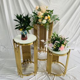 Party white top round gold metal wedding cake table plant rack set flower stand display in display rack for wedding and events senyu605