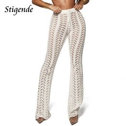 Stigende See Through Mesh Flare Pant Women Summer Beach Knitted Crochet Pants Hollow Out Sexy Bodycon Party Trousers Clubwear T200606