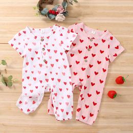 Lioraitiin 0-18M Newborn Baby Girls Valentine's Romper Toddler Love Heart Print Short Sleeves Button Jumpsuit Summer Clothes G220223