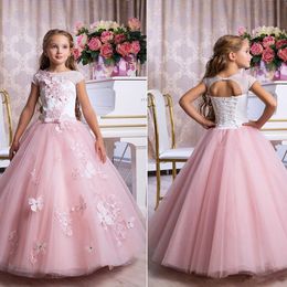 2021 Pink Tulle A Line Flower Girls Dresses Jewel Neck Cap Sleeves Handmade Flowers Wedding Party Pageant Gowns For Little Girls Kids AL8615