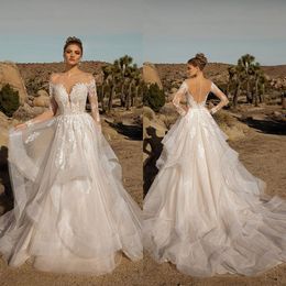 Designer New Arrival Dresses Long Sleeves Lace Appliques Bridal Gowns Button Back Sweep Train A Line Wedding Dress Vestidos