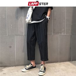 LAPPSTER Men Harajuku Wide Leg Plaid Pants Hip Hop Harem Pants Male Vintage Fashions Sweatpants Black Striped Joggers Pants 201110