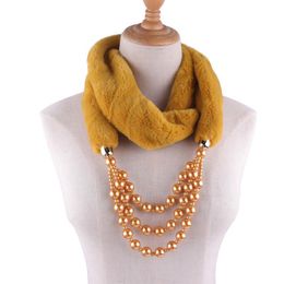 Winter Women Solid Color Fur Scarf Warm Jewelry Scarves Pearls Pendant Female Neck Ring Wraps