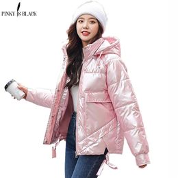 PinkyIsBlack New Arrival Women Winter Jacket Shining Fabric Cotton Padded Warm Thicken Short Coat Hooded Fashion Parka 201217