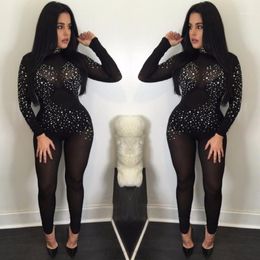 Women's Jumpsuits & Rompers Wholesale- 2021 Womens Jumpsuit Casual One Piece Long Sleeve Mesh Sexy Autumn Winter Black Sequins Overalls Body