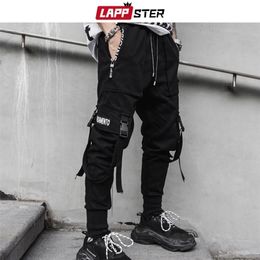 LAPPSTER Ribbon Streetwear Cargo Hip Hop Joggers Black Sweat Casual Trousers Overalls Men Track Pants 201221