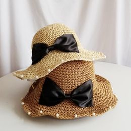 Sping Hats for Women Pearl Bow Hat Crochet Straw Hat Vacation Leisure Beach Large-brim Foldable Sun