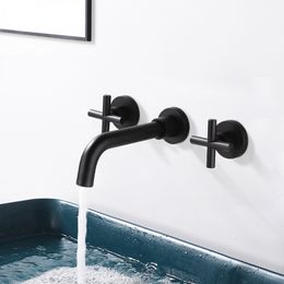 Matte Black Brass Double Handle Wall Mounted Bathroom Faucets Sink Faucet Hot & Cold Water Taps Basin Mixer Brushed Gold Tap Set