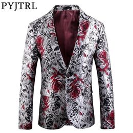 PYJTRL Mens Fashion Jacquard Rose Floral Pattern Casual Blazer Hombre Wedding Groom Party Stage Costumes Slim Fit Suit Jacket 201104